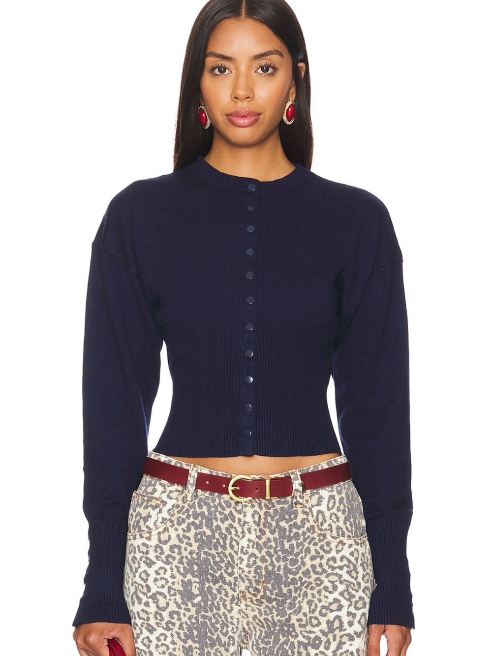 Lioness Navy Button-Front Cropped Cardigan
